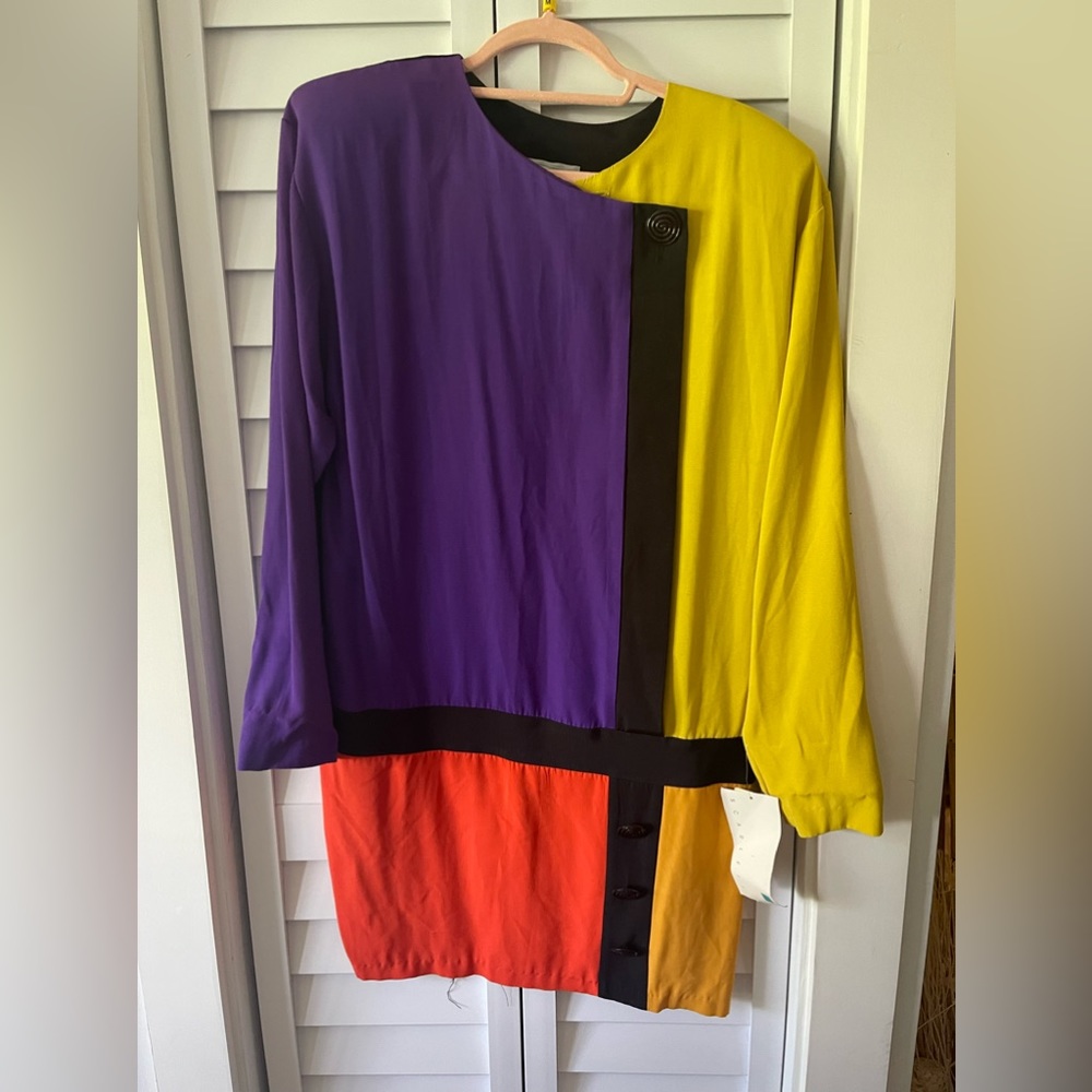 Scarlett multi colored dress with purple, orange mustard, yellow and black